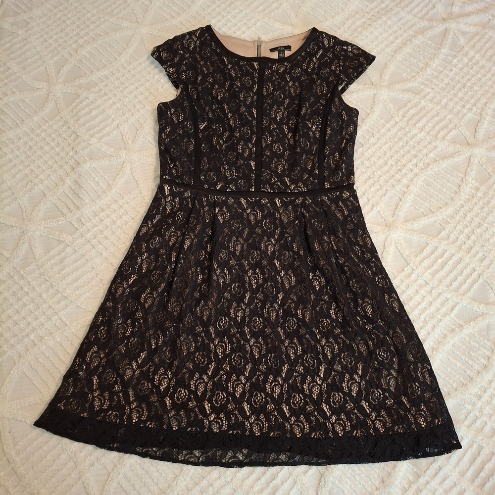 R&K Evening Womens 12 Fit and Flare Dress Black Floral Lace Nude Lining Pockets